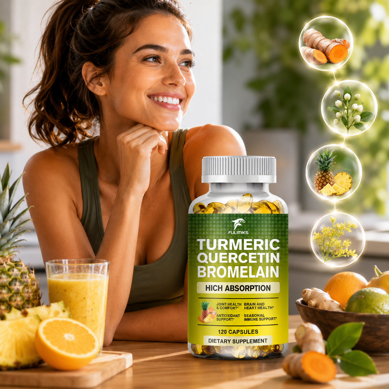 FULIMIKS ターメリック ケルセチン ブロメライン サプリメント、バイオペリン配合、関節、免疫、季節の健康をサポート