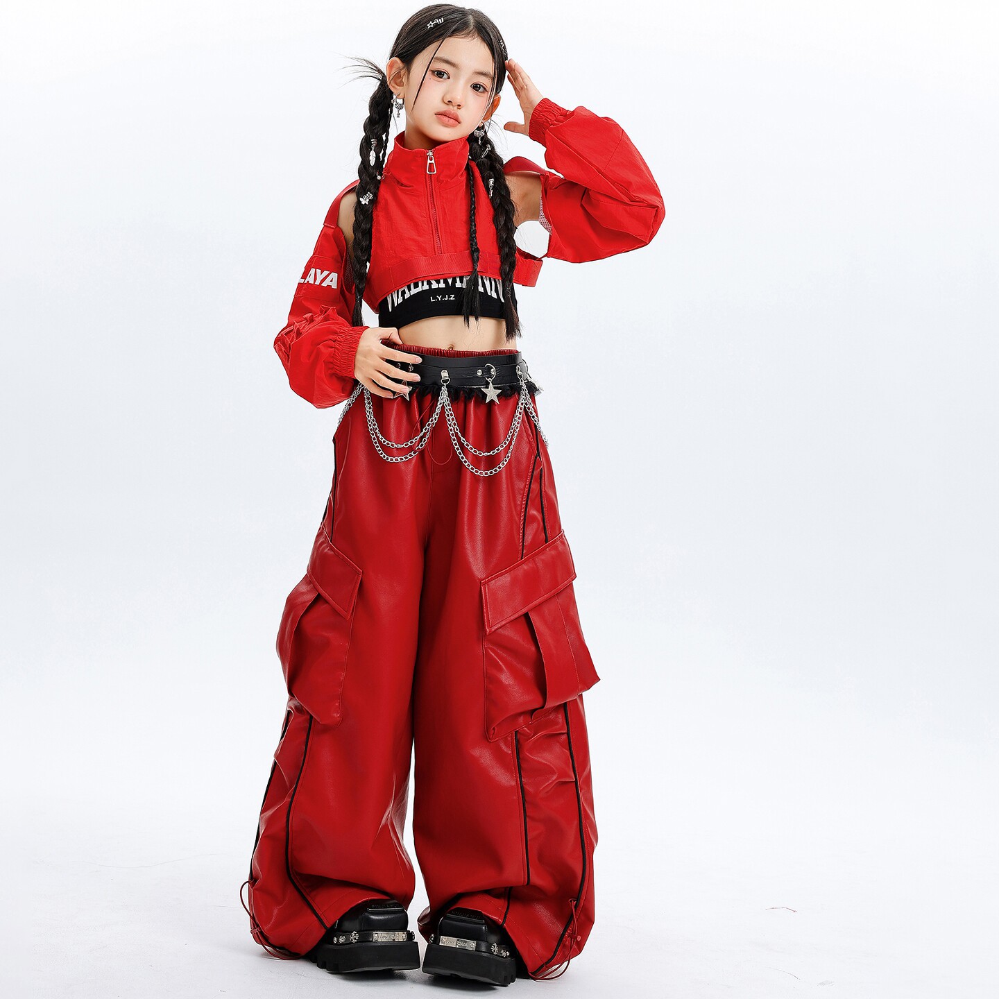Kid Kpop Hip Hop Clothing Red Off Shoulder Crop Top PU Leather Striped Casual Cargo Pants for Girl Street Dance Costumes Clothes
