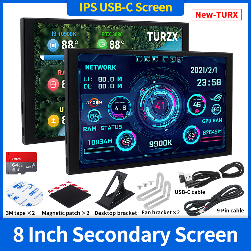新しい 8 インチ IPS USB スマートスクリーン TURZX 1280x800 セカンダリスクリーン拡張デスクトップ CPU GPU RAM コンピュータモニター Windows 10 11