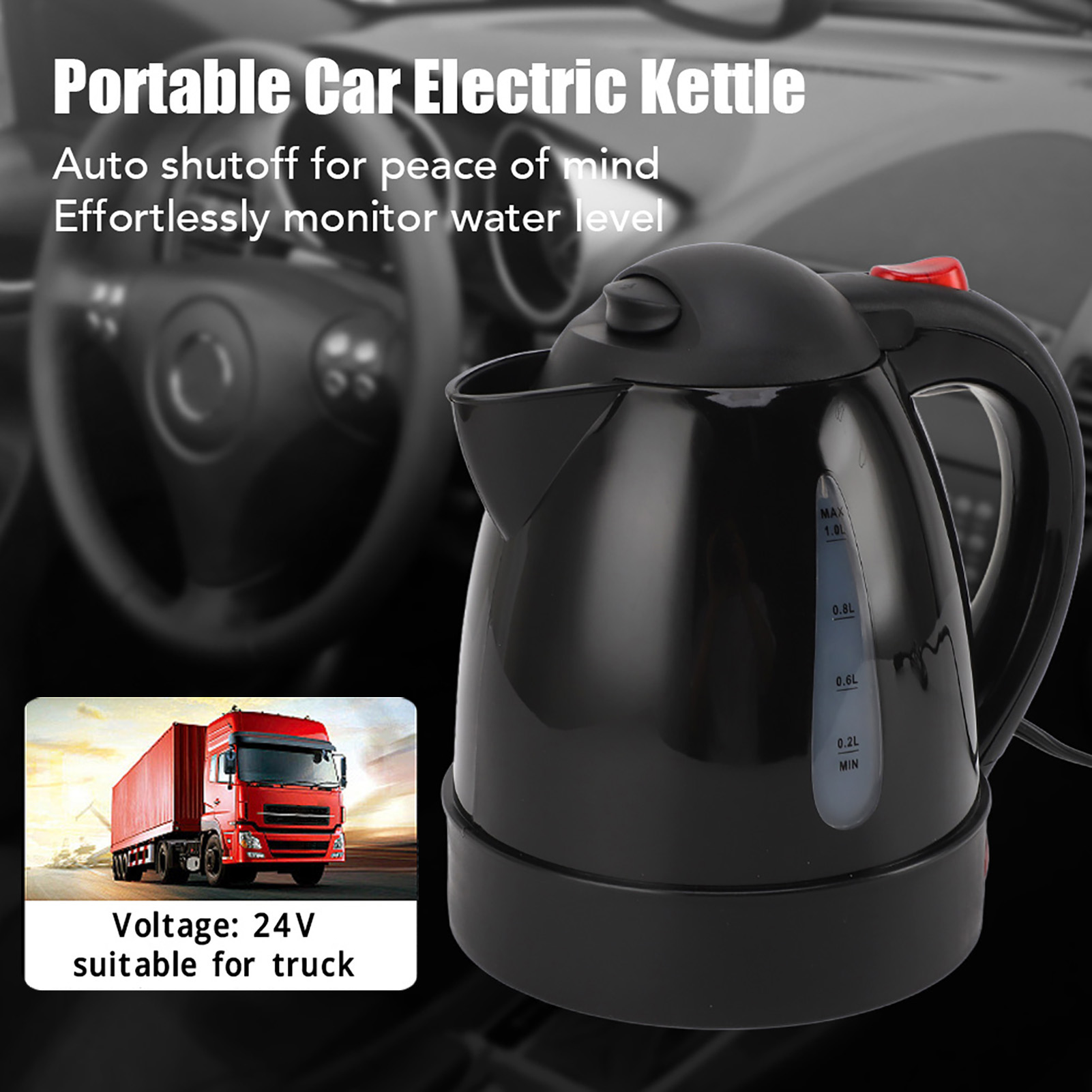 250W Portable Car Electric Kettle with Cigarette Lighter Road Trip 24V Truck Heated Water Tea Coffee Kettle Auto Shut Off 1000ml