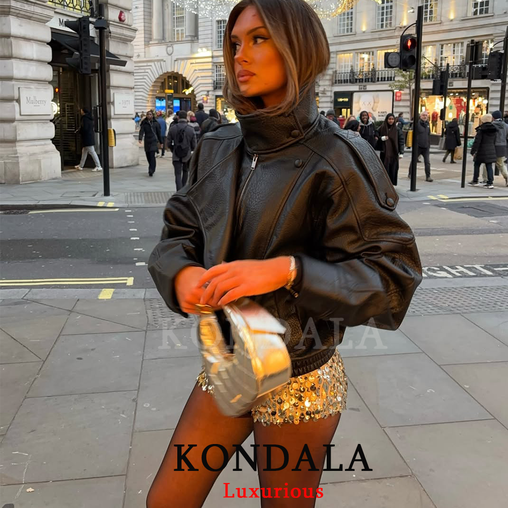 KONDALA カジュアルシックなブラックレザージャケット女性長袖ボタン弾性特大コートファッション 2026 春ストリートコート