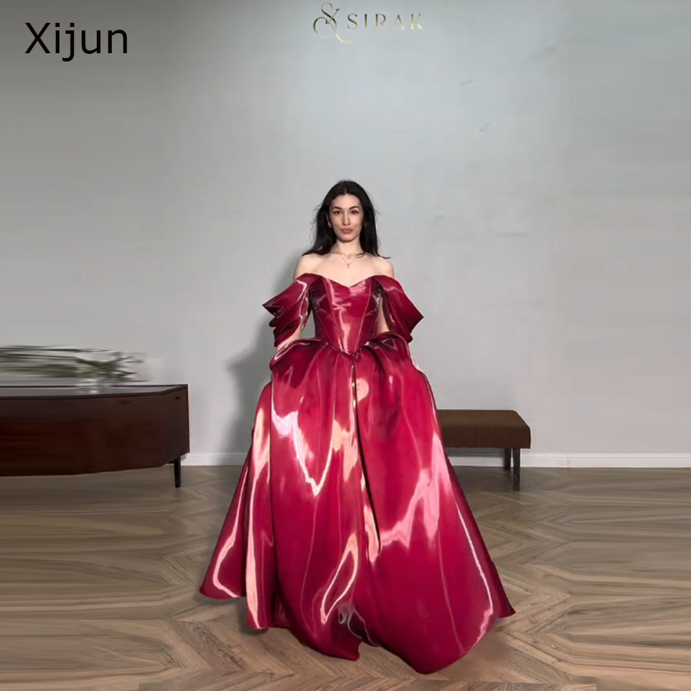 Xijun モダンレッドイブニングドレスオフショルダー A ライン誕生日パーティードレスコルセット光沢のあるフロアレングスウエディングドレスカスタマイズ