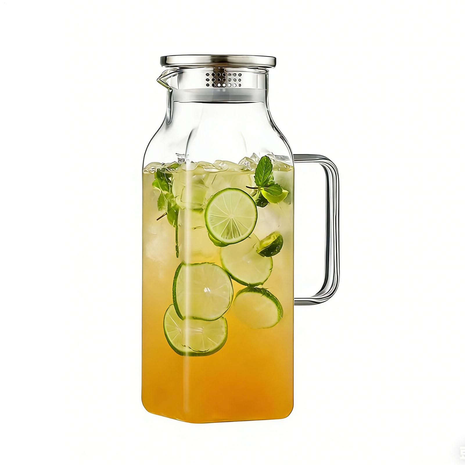 ガラス水ピッチャー 2L ドリンクボトルハンドルと蓋付き家庭用ティーピッチャー紅茶コーヒージュースミルクレモネード冷蔵庫用