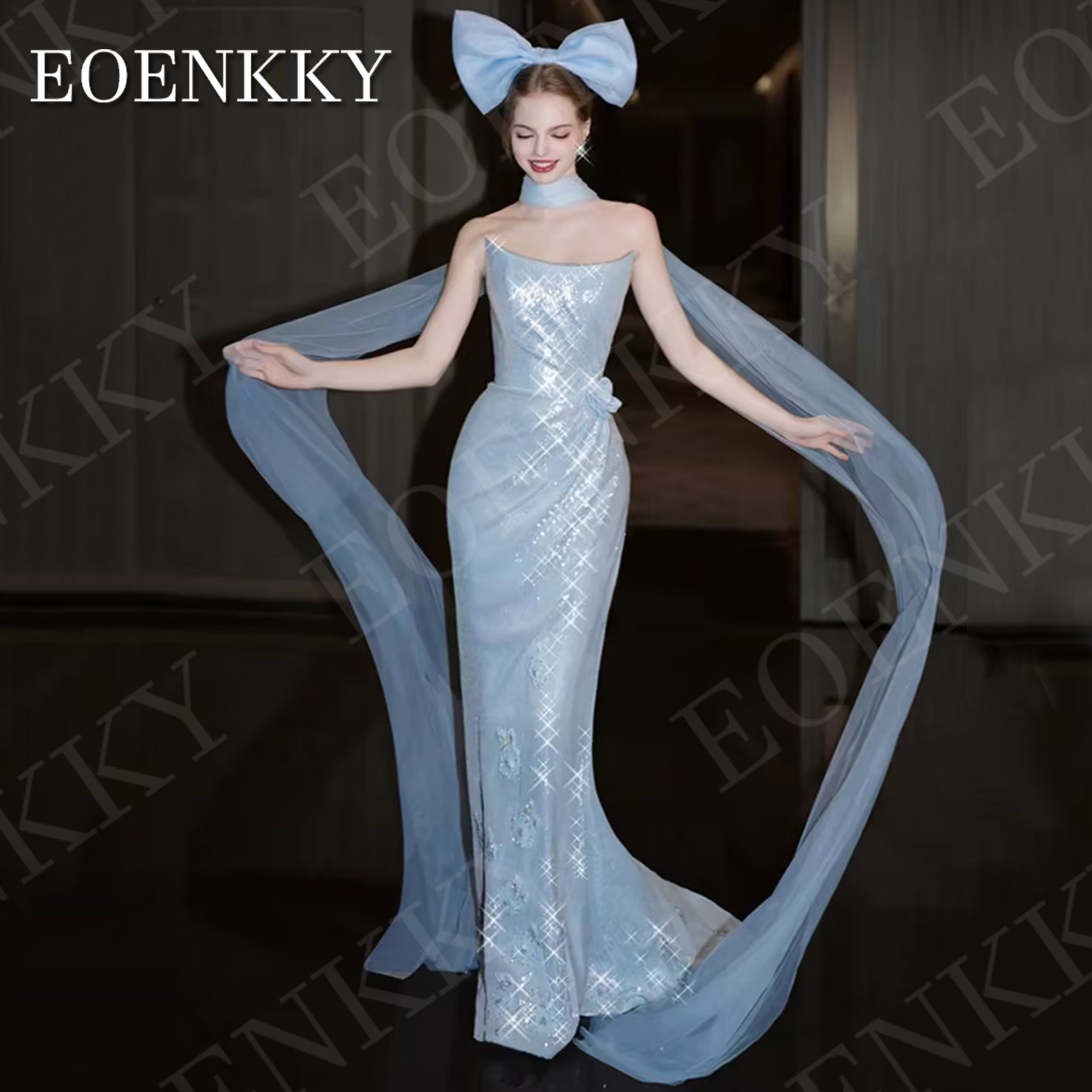 EOENKKY グリッターマーメイドイブニングドレスウエディングキラキラスパンコールノースリーブフォーマルパーティードレススカイブルーカスタマイズされたvestidosデフィエスタ