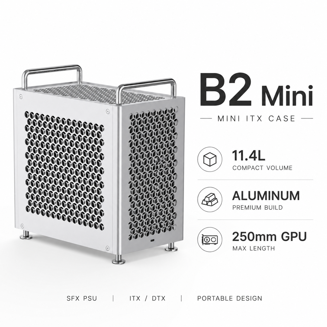 B2 ミニ ITX コンピュータケースアルミ合金小型 PC シャーシ 11.4L ポータブルハンドルケースサポート SFX SFX-L PSU 250 ミリメートル GPU