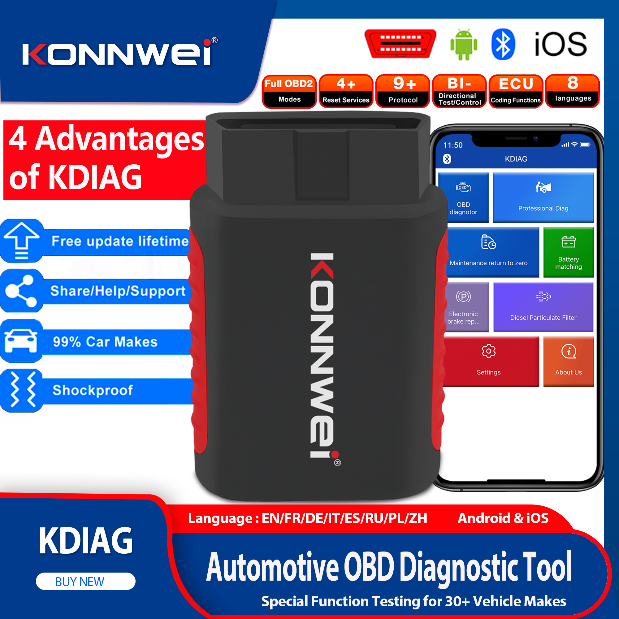 2026 KONNWEI KDIAG カーオールシステム OBD2 スキャナー双方向制御 Bluetooth スキャンツール CAN-FD プロトコル読み取り付き