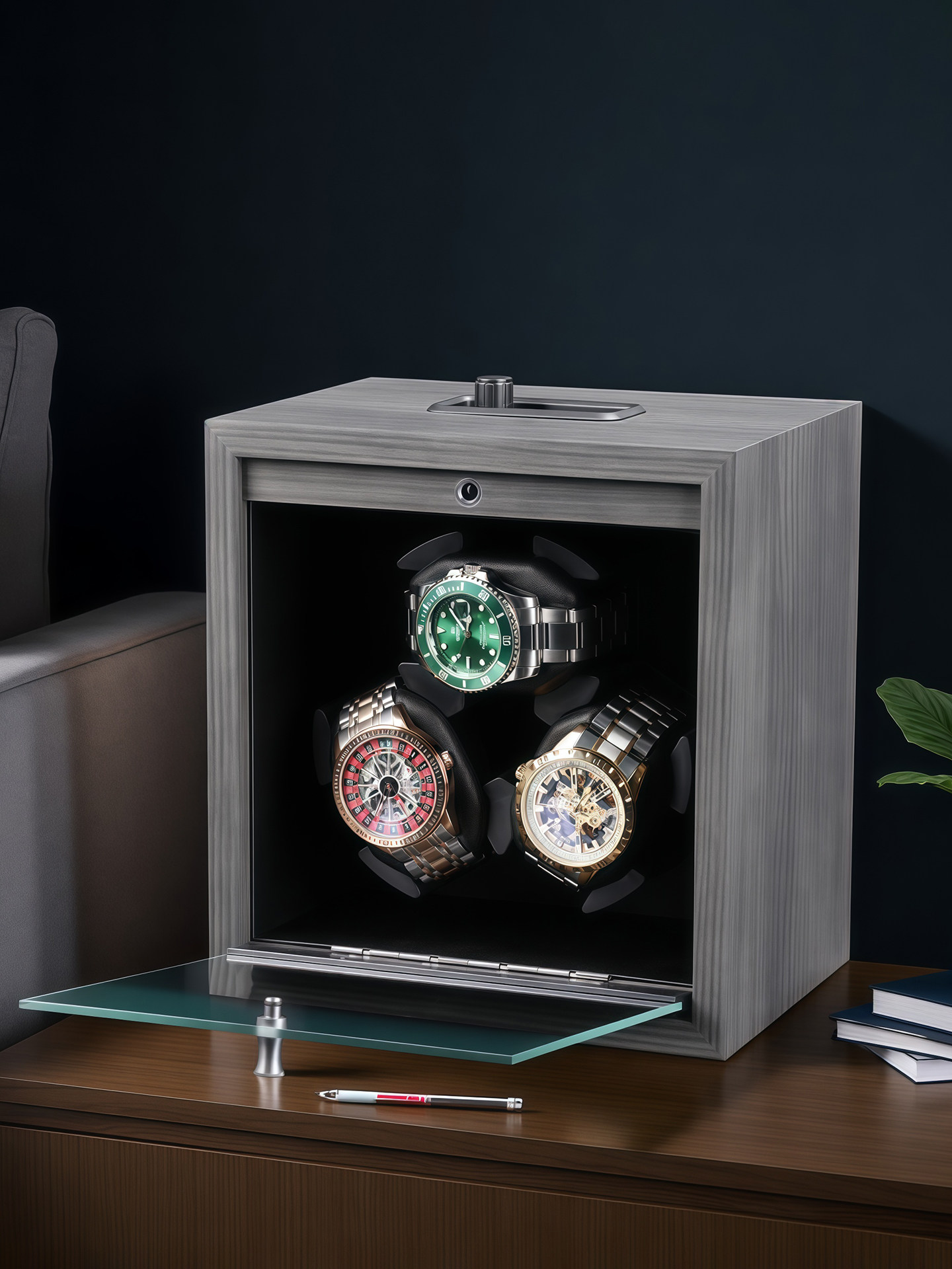 Lorvo 6 スロット クルミ材ウォッチワインダー サイレント耐磁性 LED 自動時計ボックス