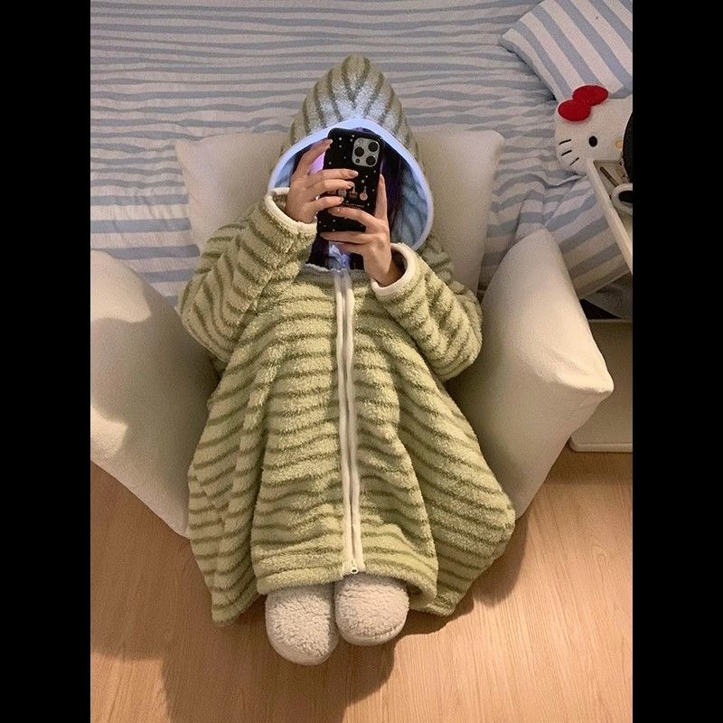 ストライプローブ女性韓国ワンピースパジャマフード付きネグリジェ冬ジッパーフリース肥厚暖かい部屋着ホームスーツ20250New