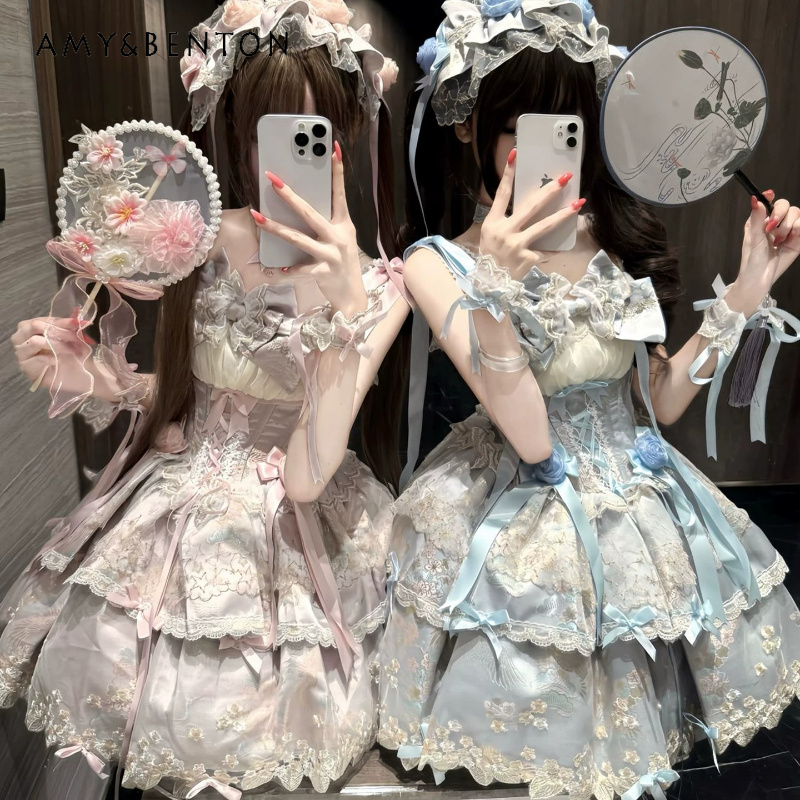 オリジナルデザインロリータ甘い女性のドレス 2026 日本の新しいかわいい弓年齢軽減レース刺繍ドレス 4 点セット女の子