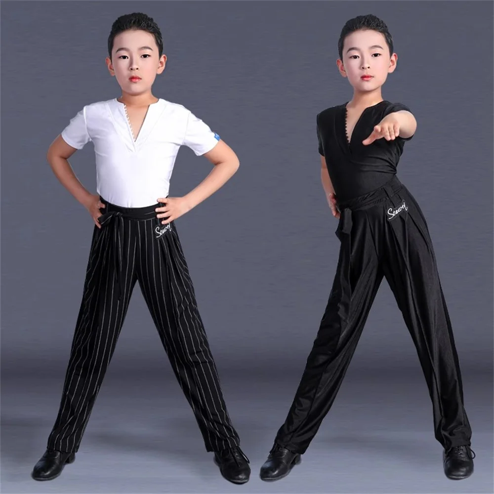 新しいグリーンボーイラテンダンスパンツ男の子ラテンダンス服子供ルンバ/チャチャ/サンバダンスウェア黒レースアップズボン