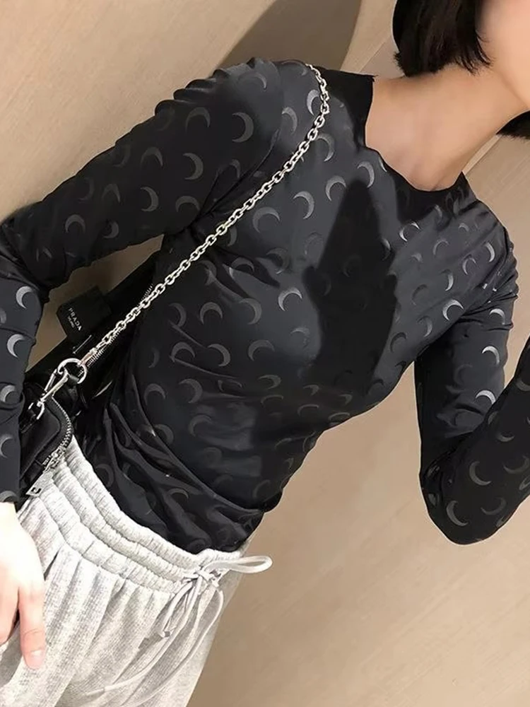 新しいファッションプリントスリムフィット弾性長袖女性の Tシャツ韓国カジュアル薄く快適なラウンドネック女性トップ
