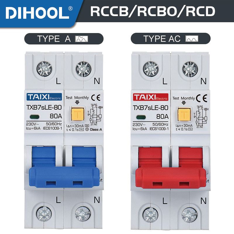 RCBO 6KA タイプ A 10A 16A 32A 40A 63A 30mA 2P 過電流および漏れ保護付き残留電流サーキットブレーカー