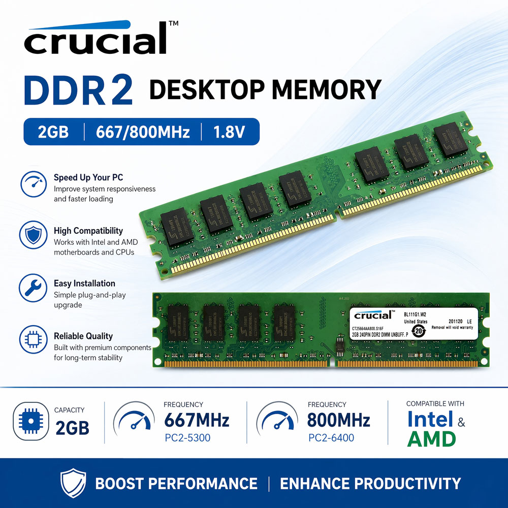 Crucial デスクトップ PC メモリ RAM DDR2 2GB 4GB キット 2x2GB 667MHz 800MHz メモリ UDIMM PC2-5300 PC2-6400 1.8V 非ECC アンバッファード RAM