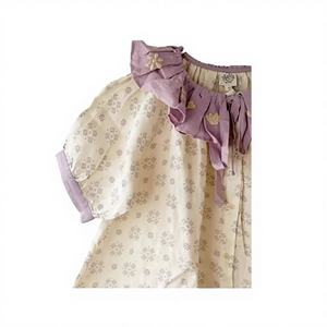2024年春夏 APO 女の子用 欧米風 リネン素材 厚手 刺繍入り フリル付き Aライン フラワー柄 ワンピース