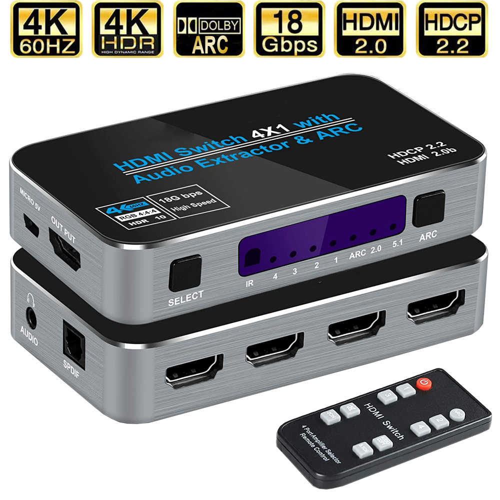 Mini 4x1 4K HDMI スイッチ オーディオ エクストラクター (ARC 付き)