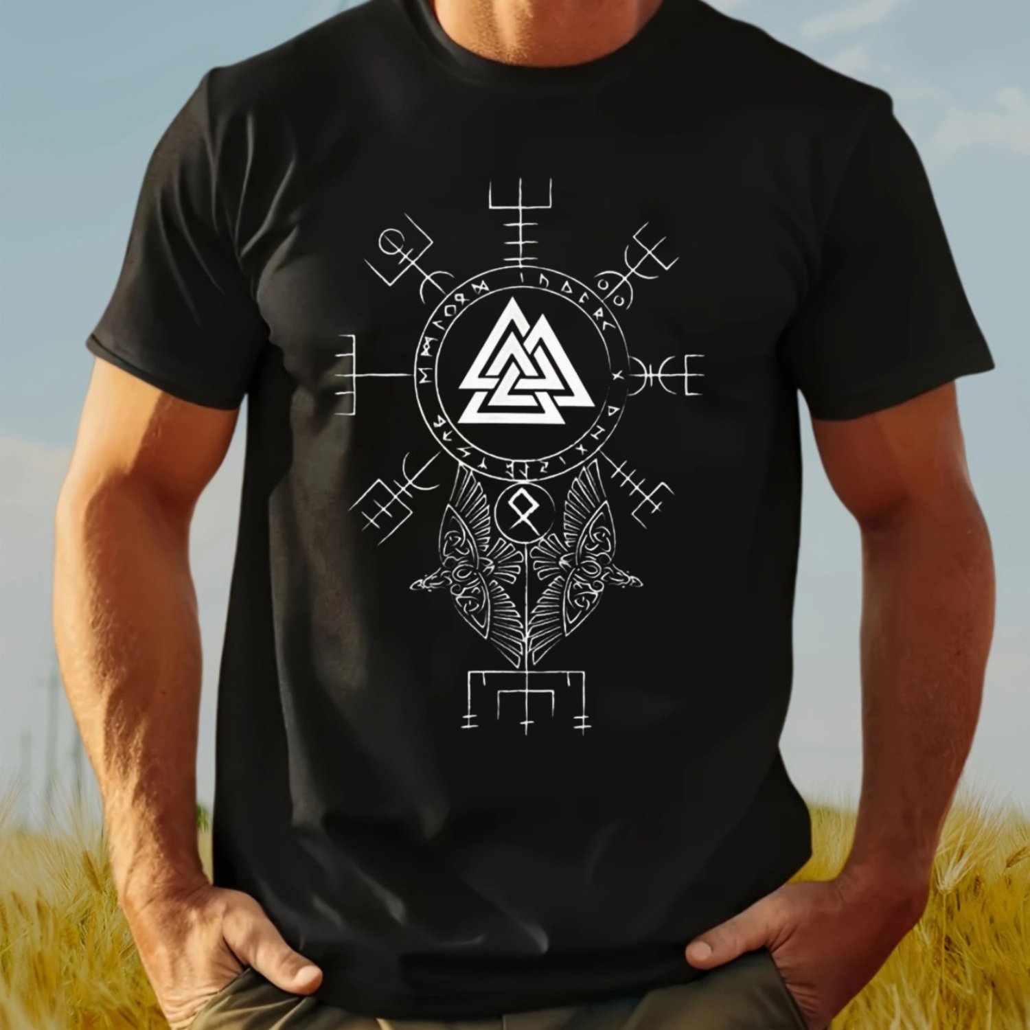 男性バイキング北欧神話 Tシャツ Tシャツ白北欧シンボルサマーシャツジムハイキングコスプレ男性服