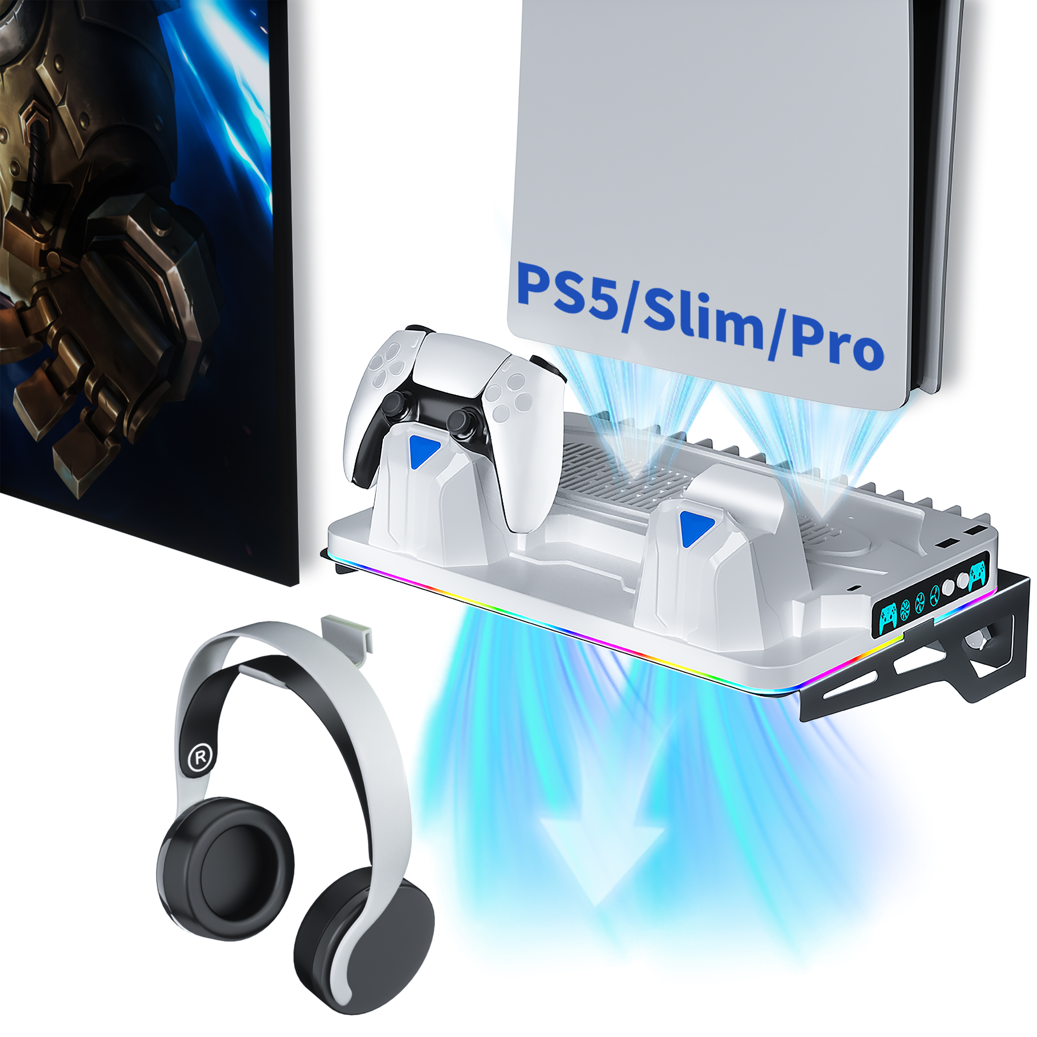 PS5 ウォール マウント スタンド、冷却ファン、デュアル コントローラー充電器、RGB ライト、ヘッドセット ホルダー、PS5/Slim/Pro3 スピード クール用 USB ハブ付き