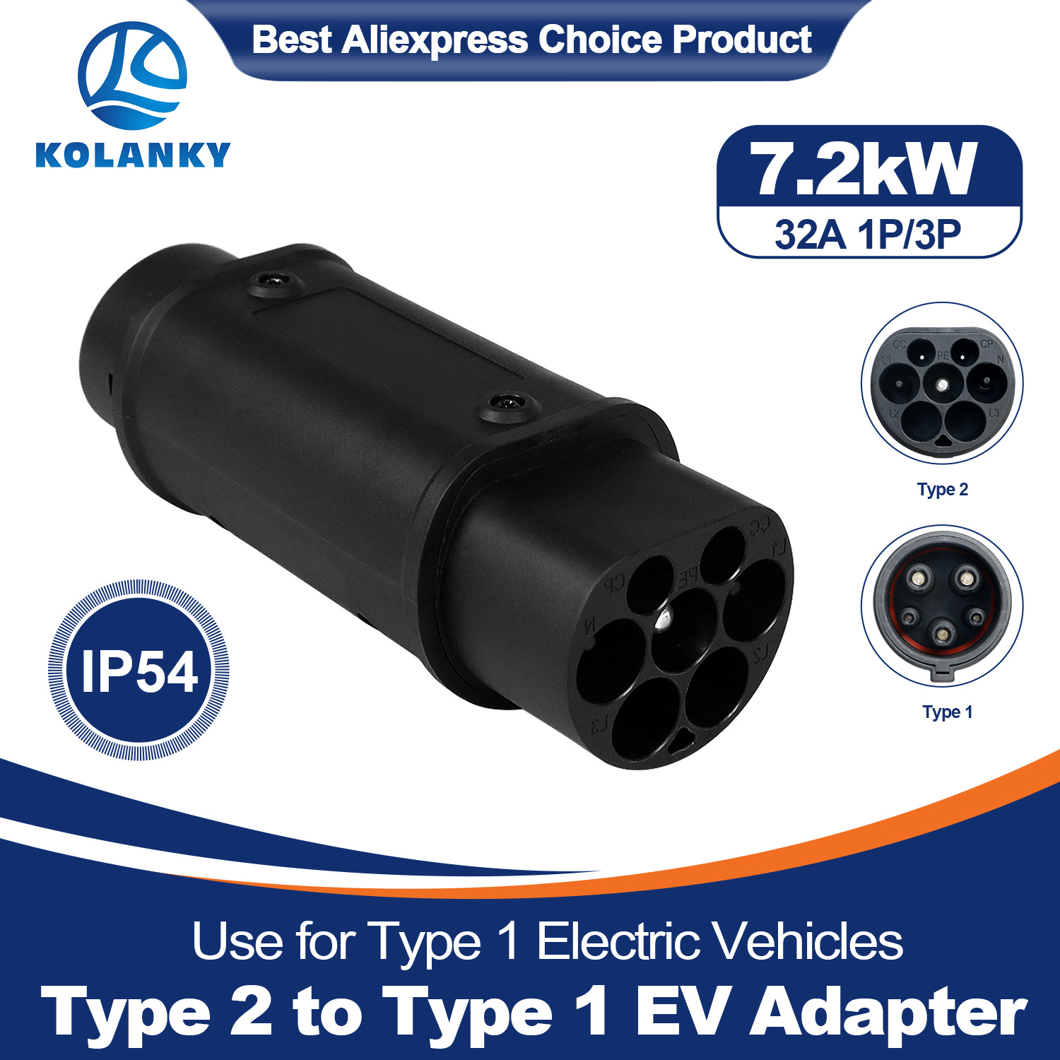 Kolanky EV 充電器アダプタ 32A 7KW タイプ 2 からタイプ 1 アダプタ AC 家庭用充電電気自動車米国車ソケットから AC タイプ 2