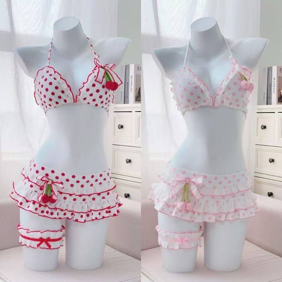 原宿 Y2K ロリータ水着セット女性甘いプリントフリルビキニトップミニスカート女性カジュアル衣装