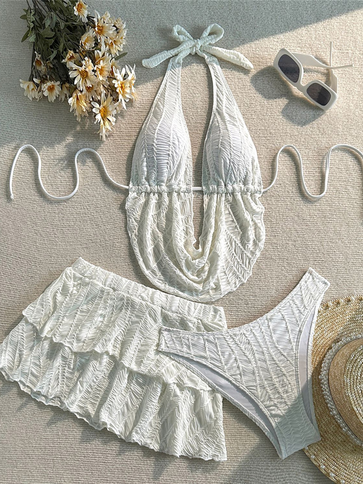 New 3PC With Skirt Tankini Wrinkled Bikini Women Swimwear Three-pieces Bikini set Female Swimsuit Bathing Suit Bather Swim V7415
