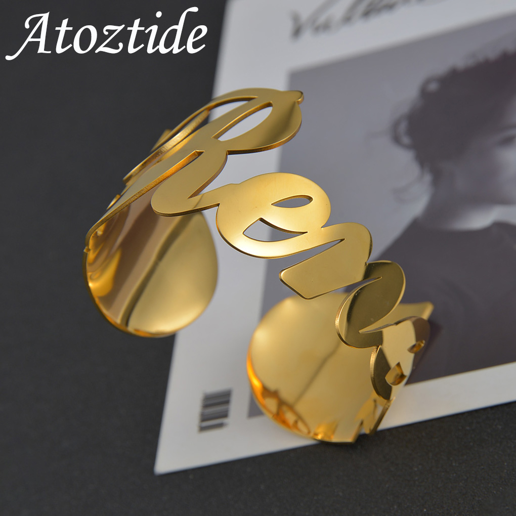 Atoztide 4 センチメートルパーソナライズされたカスタム名ブレスレット女性男性ステンレス鋼銘板ビッグカフバングル誕生日ジュエリーギフト