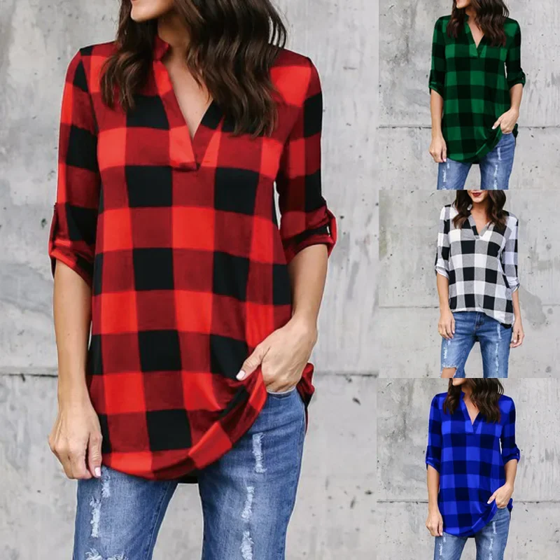 ファッションチェック柄 V ネック Tシャツ女性トップ夏の Tシャツ女性服レディーストップスカジュアルビーチサン Blusas