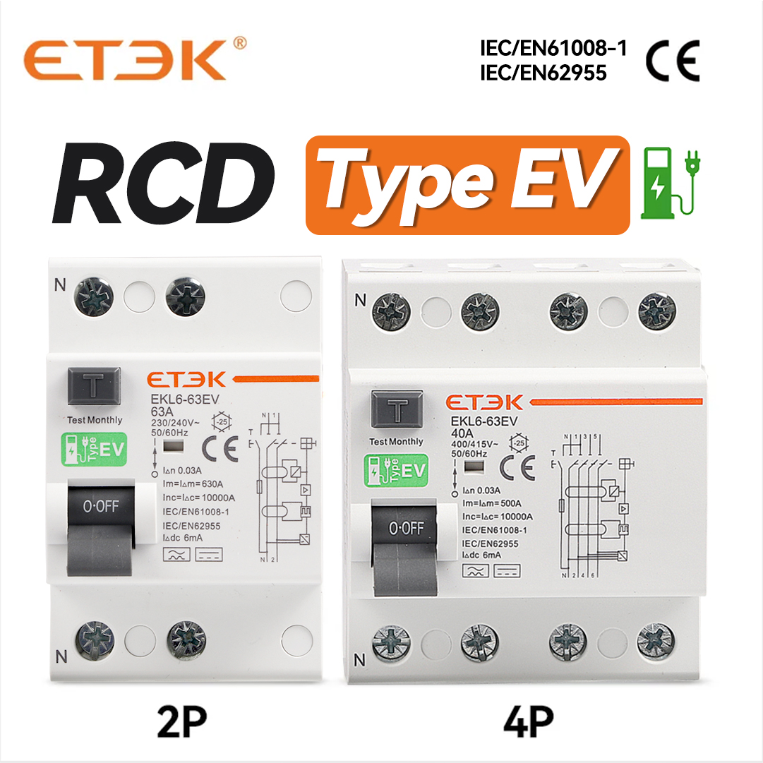 ETEK RCCB タイプ EV 2P 4P 漏電ブレーカー車 Evse 充電ステーション RCD 40A 63A 30ma EKL6-63EV 10KA Din レール