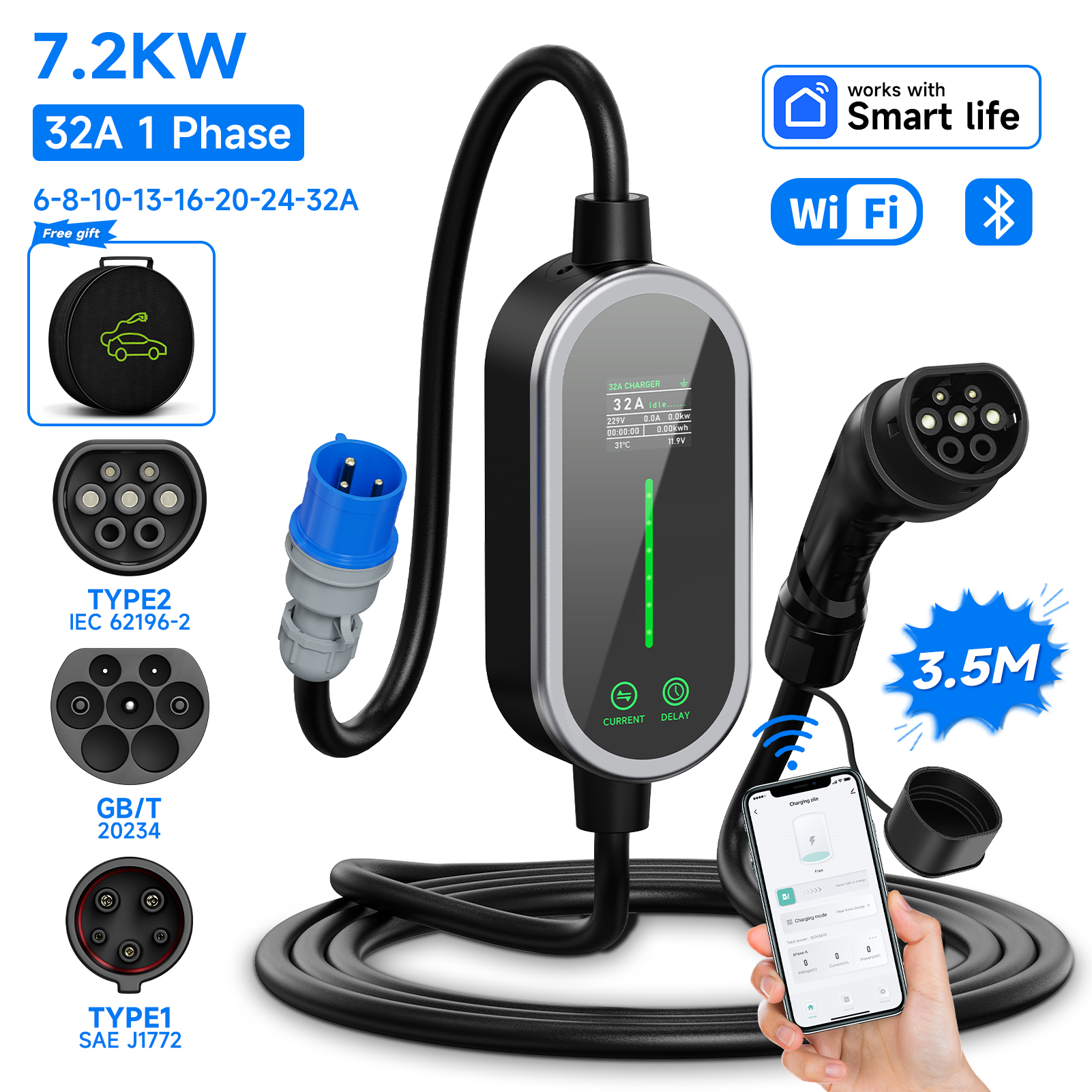 AFYEEV タイプ 2 ポータブル EV 充電器 7.2KW 32A 1 相ウォールボックスタイプ 1 GB/T EVSE 充電ケーブル CEE プラグ WiFi APP Bluetooth 制御