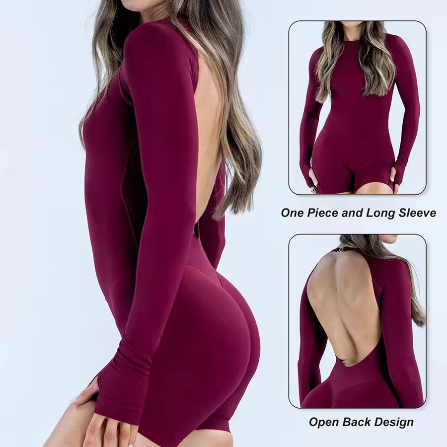 シームレス長袖ワンピースジム服女性パッド入りヨガボディスーツオープンバックフィットネスワークアウトジャンプスーツうずくまるバットスポーツウェア