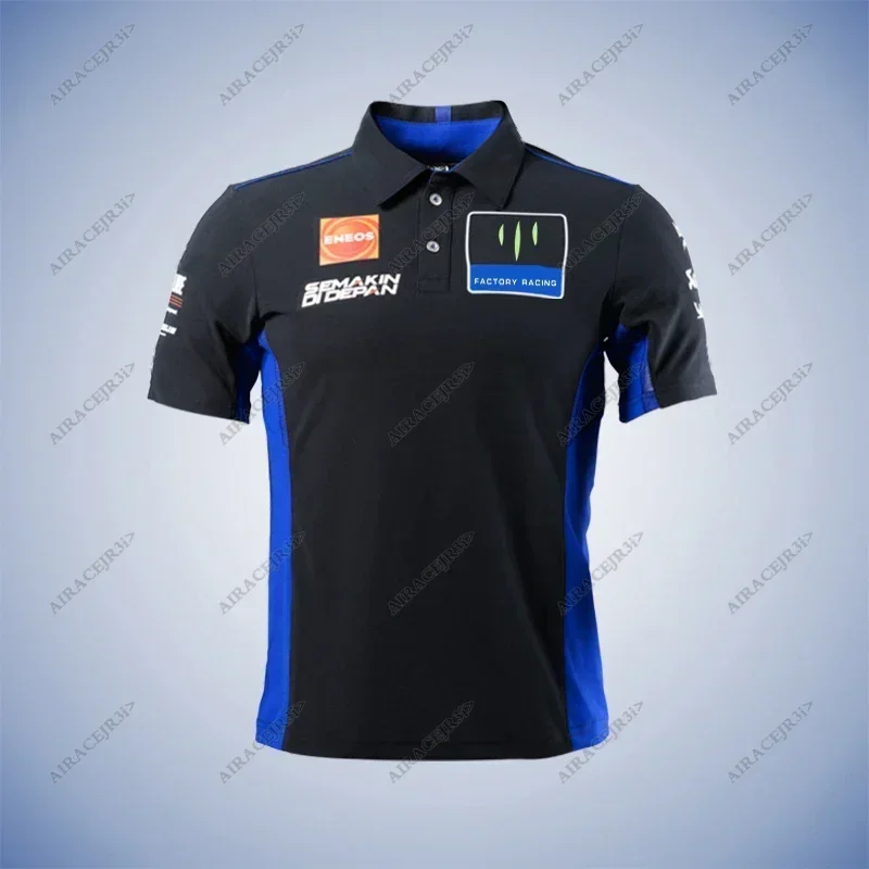 ヤマハ工場レーシングオートバイ黒 Tシャツ Motos Gp 半袖速乾通気性ポロシャツ夏ラペルボタン