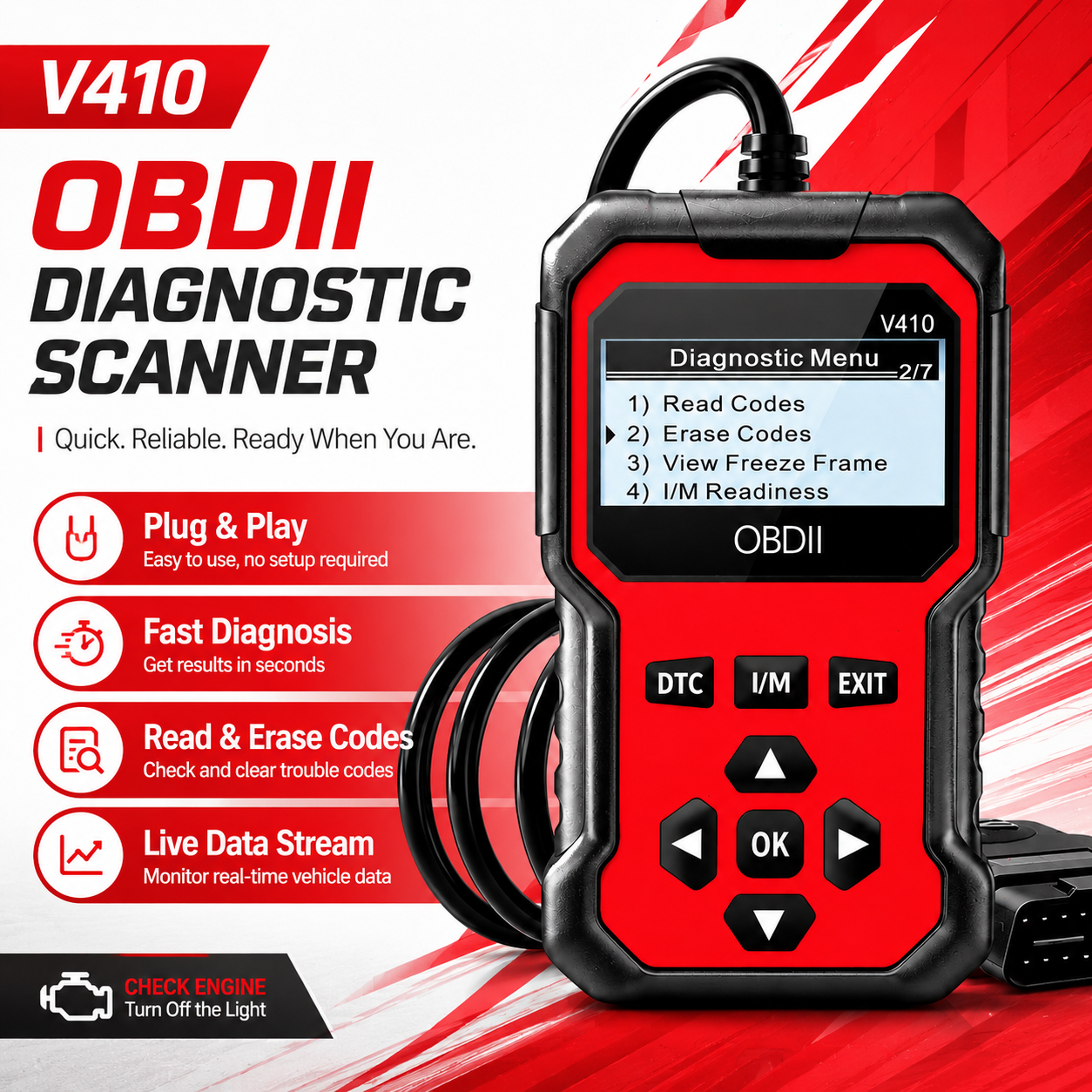 V410 プロフェッショナル エンジン コード リーダー、ライブ データ付き OBD2 診断スキャナー、I/M 対応状況、電圧テスト、チェック エンジン ライト Re