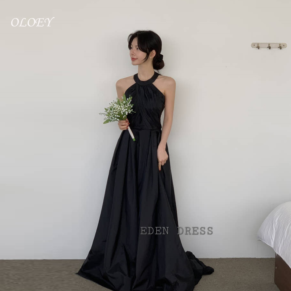 OLOEY シンプルな黒のイブニングドレス A ラインホルター床長さのフォーマルパーティーオケージョンドレス A ラインサテンウエディングドレスカスタマイズ