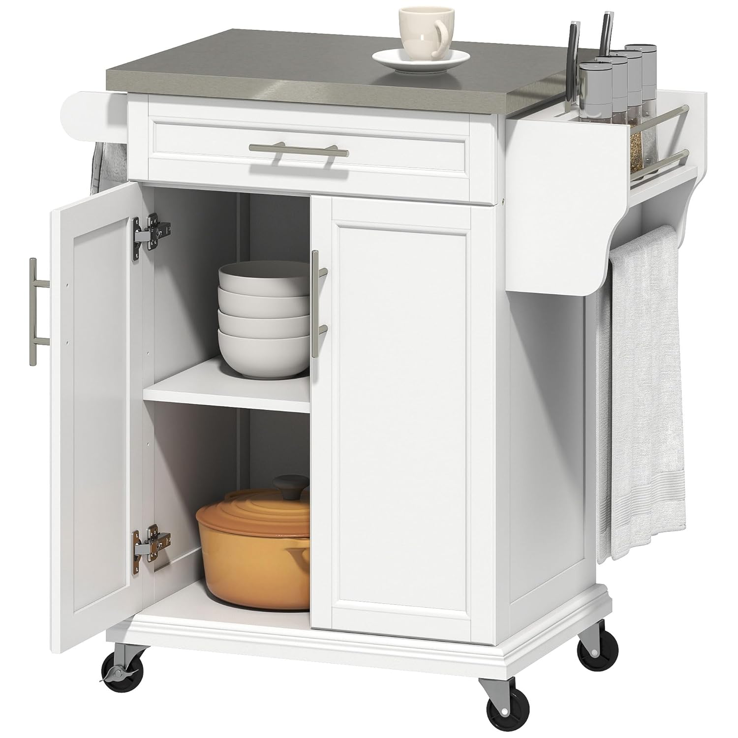 #Kitchen Island Cart Stainless Steel Top Drawer Towel Spice Rack Rolling Storage Trolley White, Customized