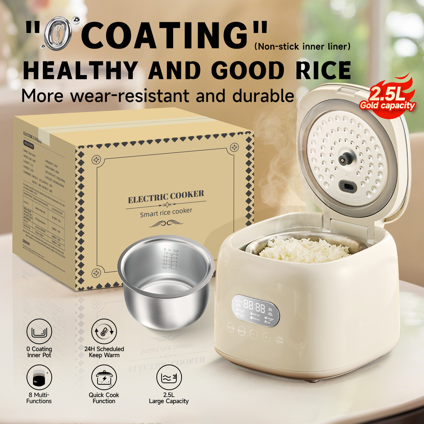 2.5L スマート炊飯器 8 インテリジェントプログラム 400 ワットマルチクッカー低糖炊飯器 24 時間タイマー保温電気炊飯器