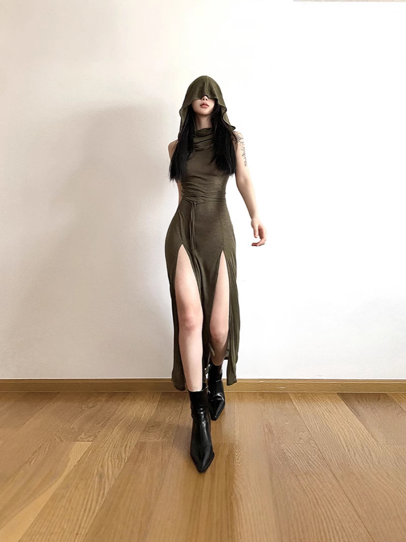 y2k ドレス女性服ソリッドカラーノースリーブ中空アウトバックスリットフード付きドレス 2000s ハロウィンパーティードレス