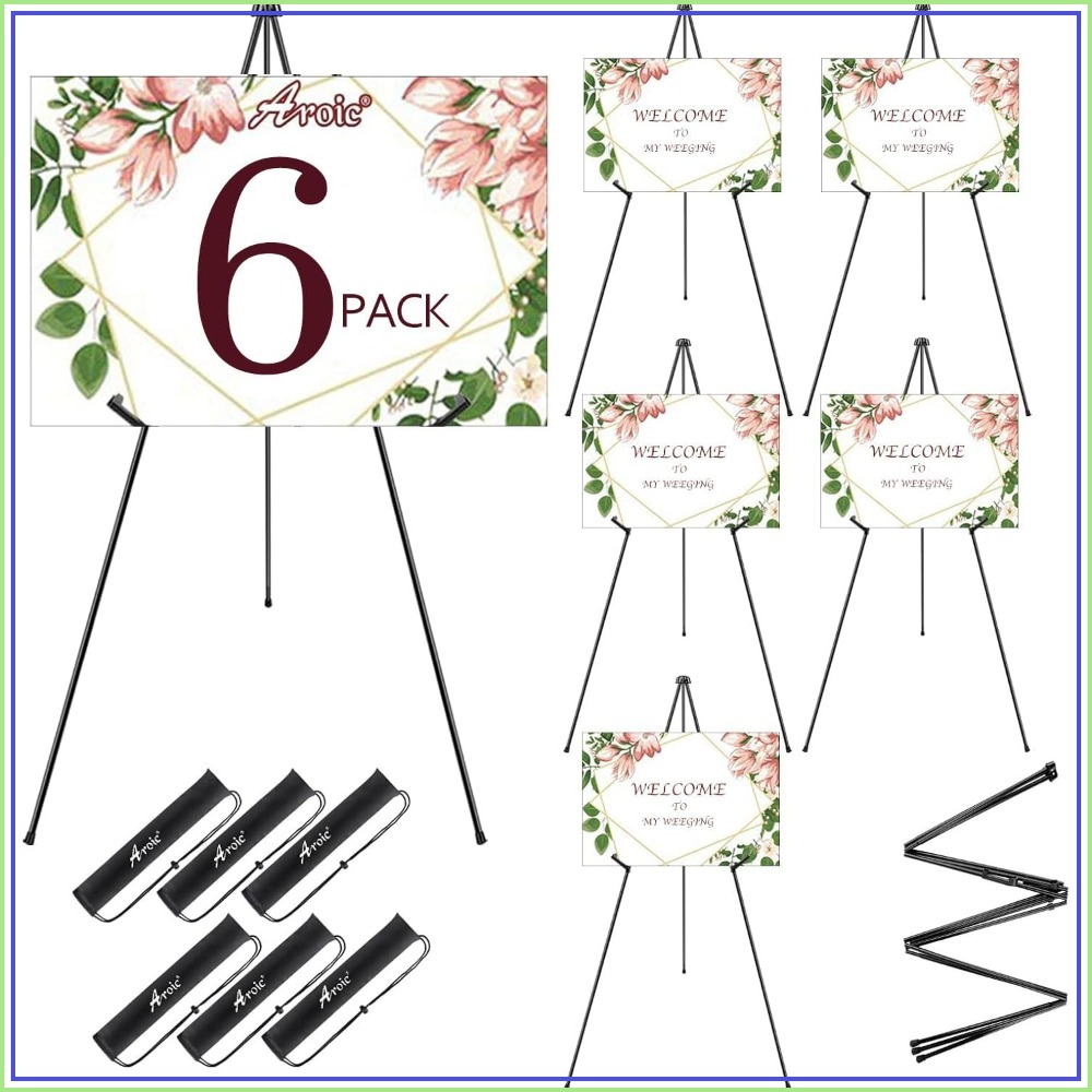 6 Pack Portable Foldable Metal Easel Stand for Display, Signs, Wedding, Arts, Painting, Adjustable Floor Easels with Storage Bag