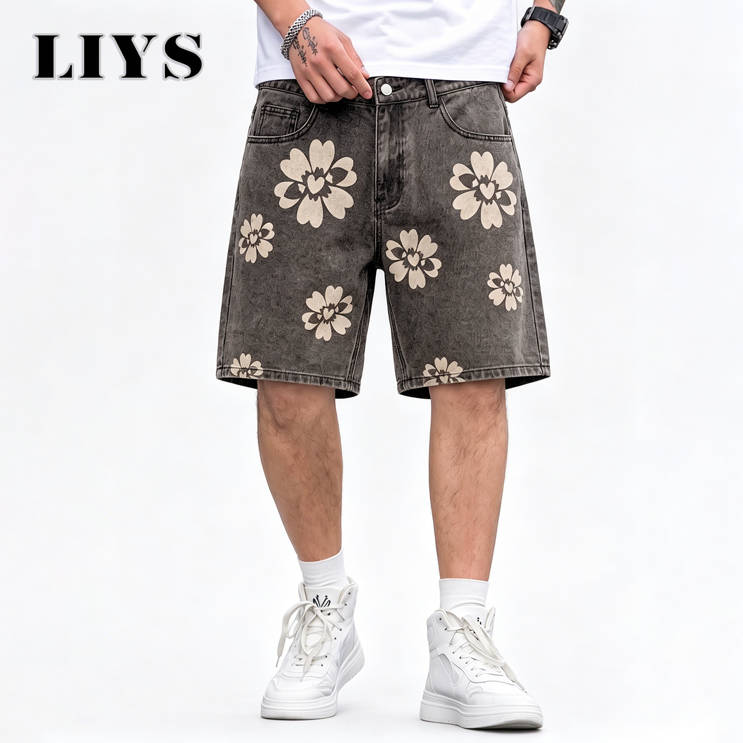 LIYS メンズ花柄ファッショナブルなジーンズショートパンツユニセックスカジュアルレトロバミューダルーズデニムショートパンツ、日常のカジュアルウェアに最適