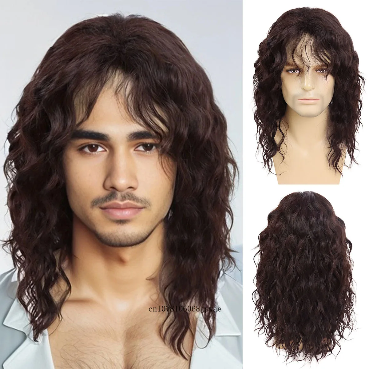 男性用 80 年代 合成ウィッグ ブラウンボラウィッグ ハロウィンコスチューム 男性ウィッグ パンク ヘビーメタル ロッカー ロング カーリー ウェーブのかつら コスプレ パーティー