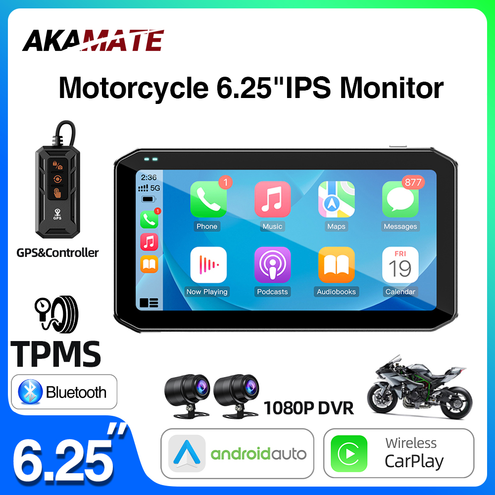 6.25 インチオートバイモニター 1080P DVR レコーダーワイヤレス CarPlay Android 自動ナビゲーションディスプレイ GPS リモコン TPMS BSD