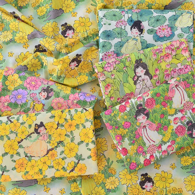 純粋な綿生地中国風夢遊病唐王朝少女漫画プリント DIY 縫製服スカート漢服ハーフメートル