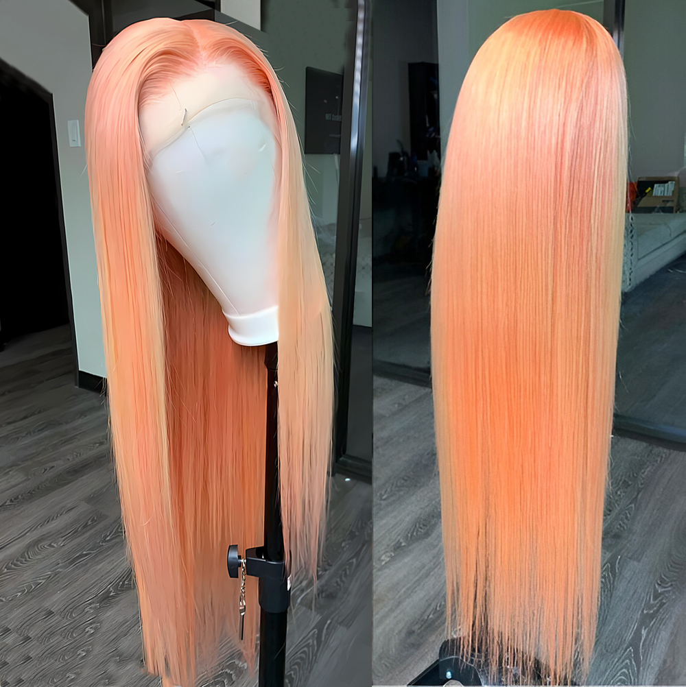 ライトオレンジ合成レースフロントウィッグロングストレートヘアナチュラルヘアライングルーレスウィッグ女性のための日常着用コスプレオレンジかつら