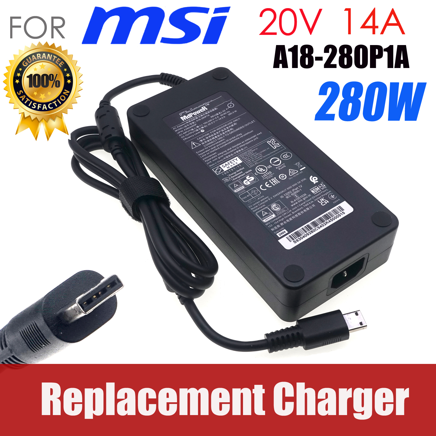 交換用 Chicony 20V 14A 280W AC 電源アダプタ MSI GF76 Raider 10UH GE66 GP66 ラップトップ充電器 A18-280P1A A280A005P