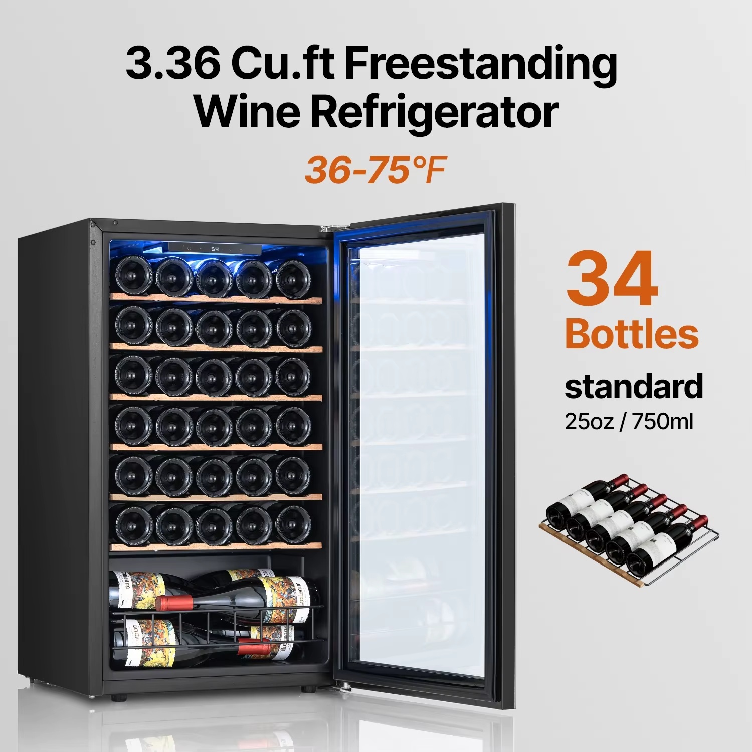 3.36 Cu.ft 34 Bottles Wine Refrigerator Freestanding Wine Cooler 36℉-75℉ Single Zone Wine Chiller Glass Door Wine Storage Cabinet For Home Bar Kitchen