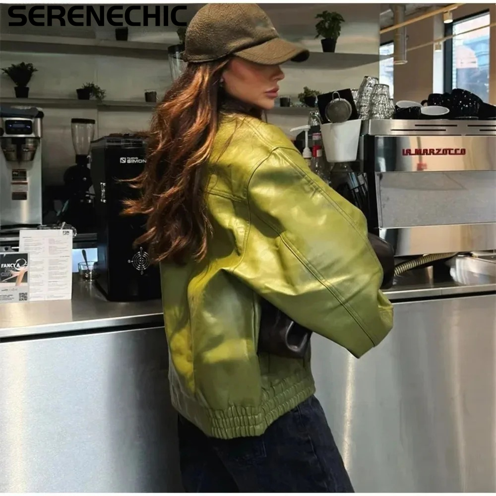 SERENECHIC 新スタイルファッションヨーロッパとアメリカの秋冬韓国スタイルグリーンレザージャケットルース Pu レザーコート女性