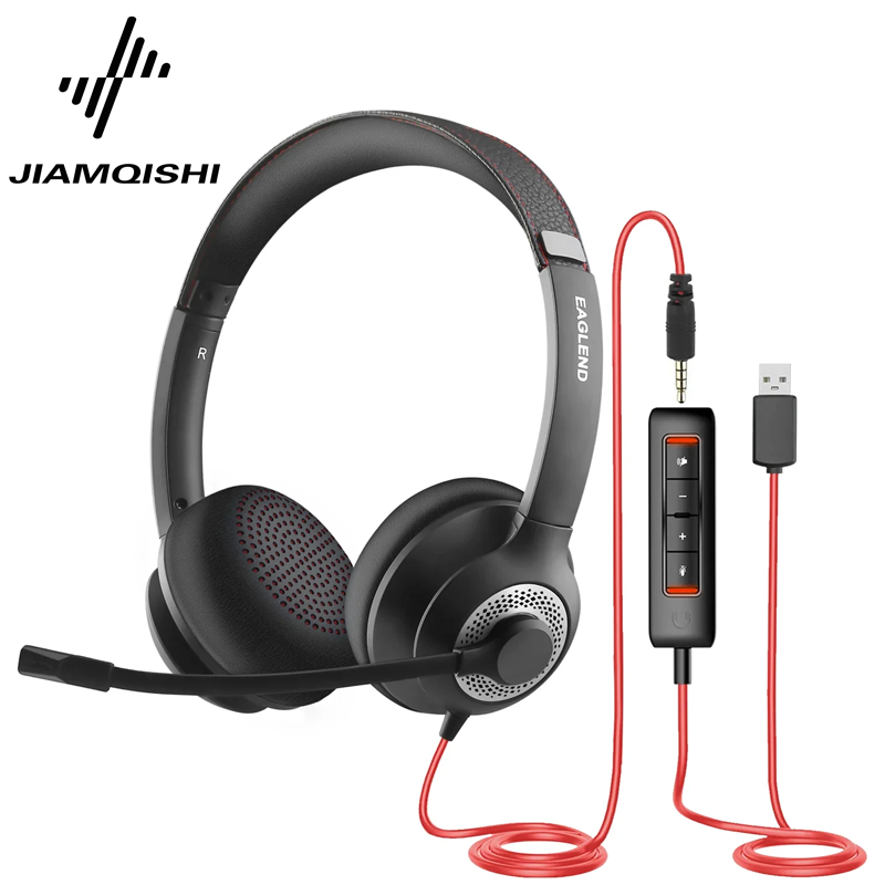 JIAMQISHI EH01 USB ヘッドセット PC コンピュータヘッドフォン、ノイズリダクションマイクインライン制御付きホームオフィスオンラインクラス用