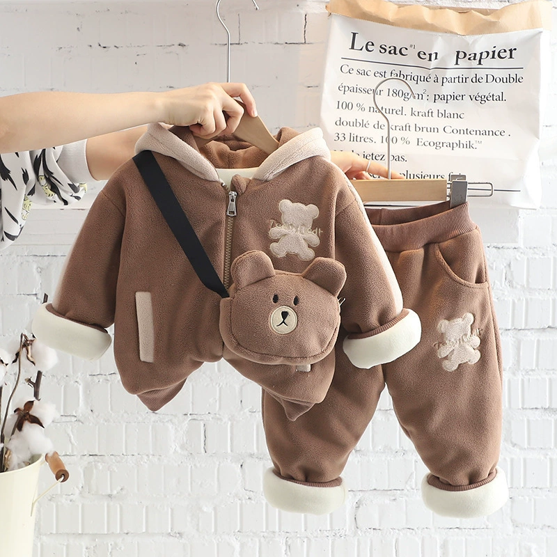 カジュアルコットン冬 1-5Y O ネック男の子服セット 3 個子供服セットトップ + パンツ + バッグ