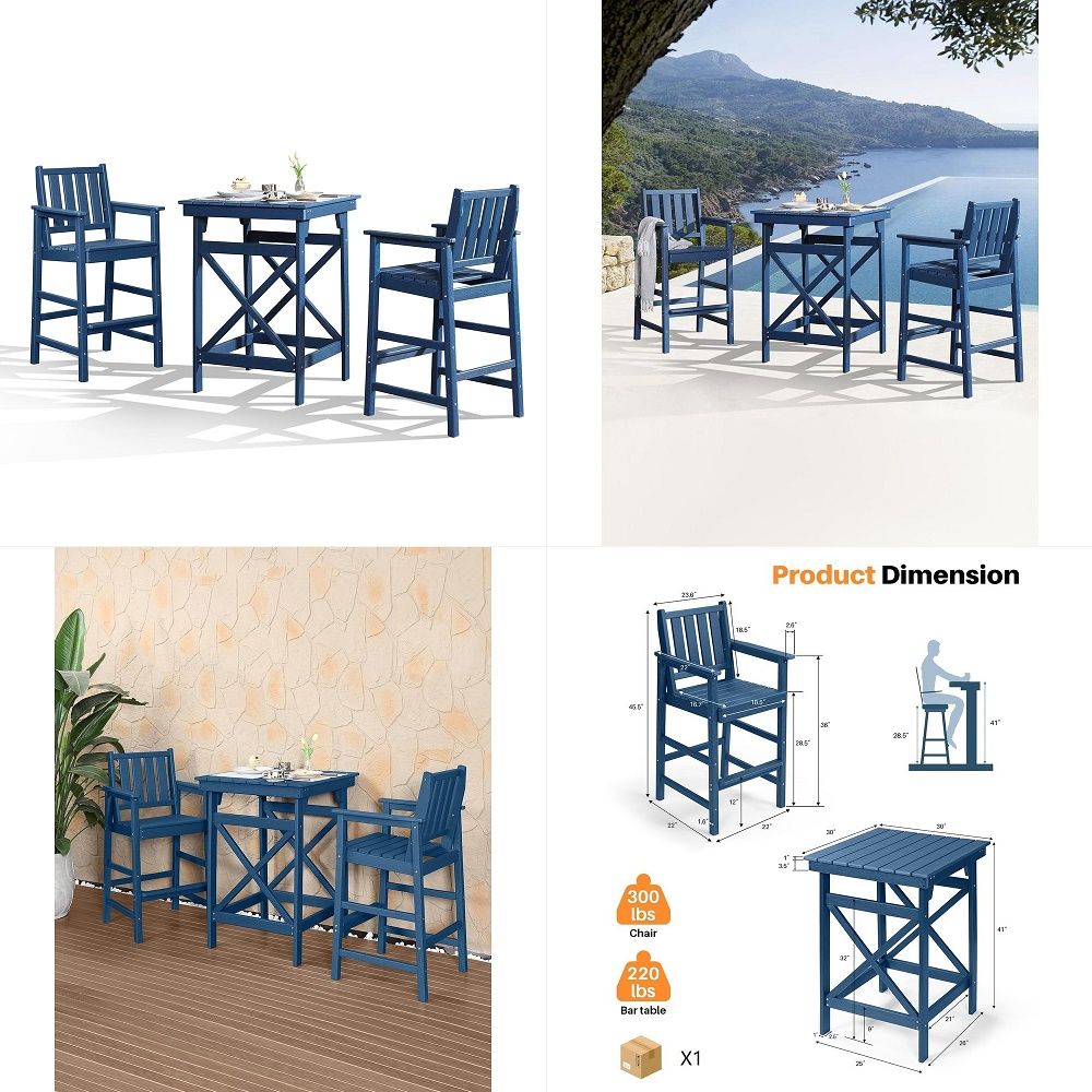 Adirondack チェアとテーブルセット、HDPE 屋外バーセット、全天候型屋外バースツールセット、HDPE Adirondack バーハイトチェア