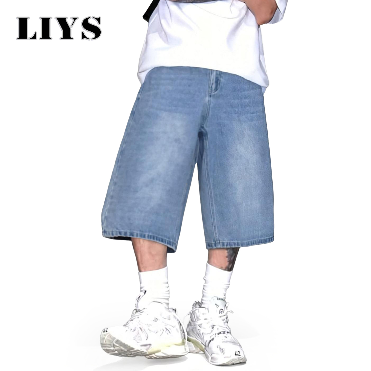 LIYS メンズ シンプル ライトブルー レトロ 超だぶだぶ ワイドレッグ デニム ショートパンツ 学生 若者 ストリート カジュアル 特大 バギー ジーンズ ユニセックス