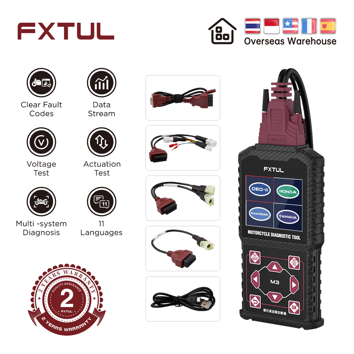 FXTUL M3 オートバイ診断ツール OBD2 クリア故障コードスキャナサポートエンジン ABS システムヤマハスズキホンダカワサキ