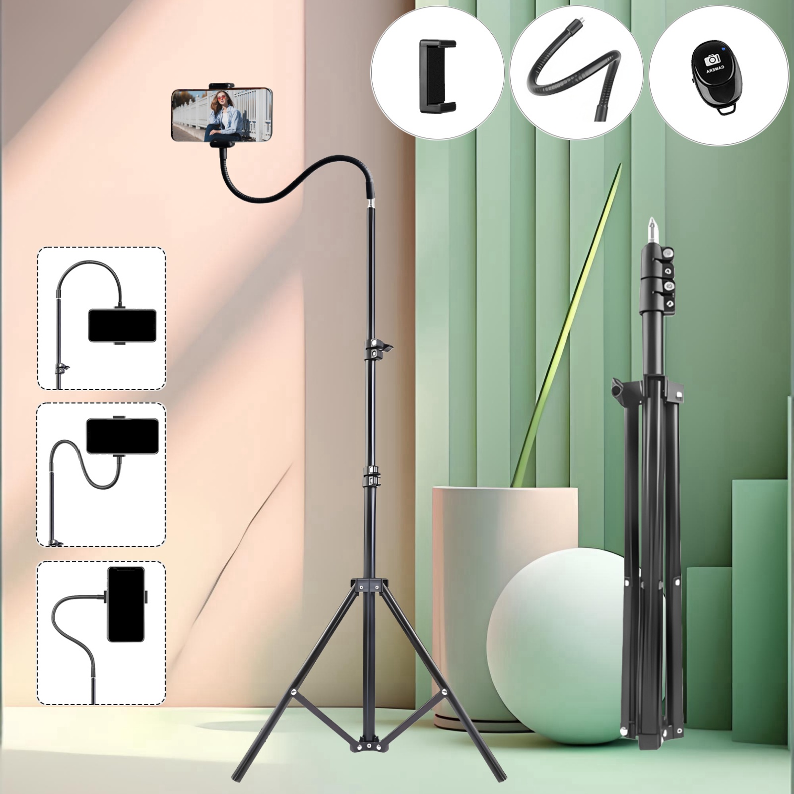 160cm ポータブルアルミニウム三脚、柔軟な 35cm 調節可能なホース、取り外し可能な電話クリップ付き